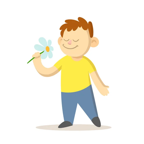 Niño pequeño con una flor de margarita en la mano. Ilustración vectorial plana, aislada sobre fondo blanco . — Vector de stock