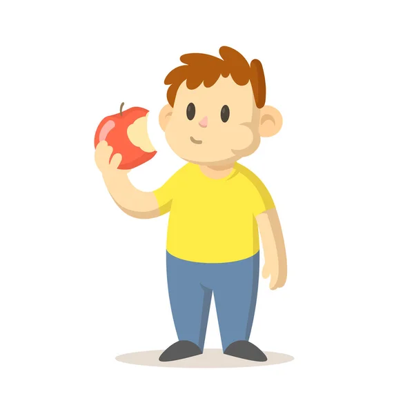 Hij eet rode appel. Vlakke vector illustratie, geïsoleerd op witte achtergrond. — Stockvector