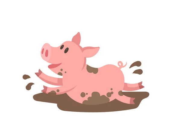 Mignon cochon rose heureux baignade dans la boue, personnage de dessin animé. Illustration vectorielle plate, isolée sur fond blanc . — Image vectorielle