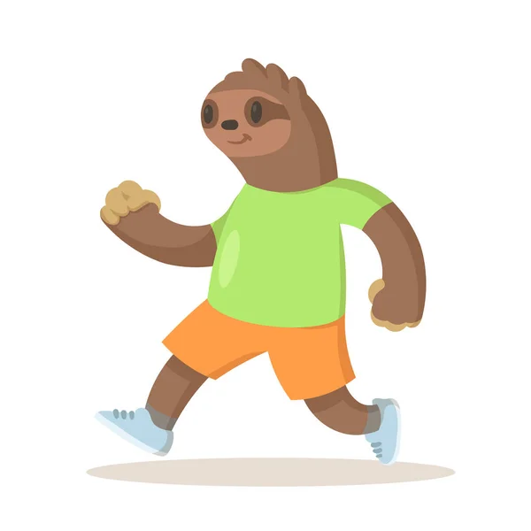 Söt brun sengångare i sportkläder löpning, tecknad karaktär. Platt vektor illustration, isolerad på vit bakgrund. — Stock vektor