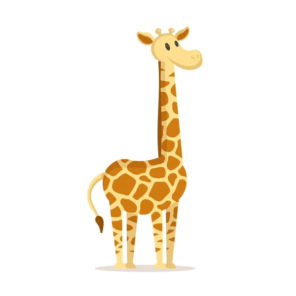 Carino cartone animato giraffa in piedi, personaggio dei cartoni animati. Illustrazione vettoriale piatta, isolata su sfondo bianco . — Vettoriale Stock