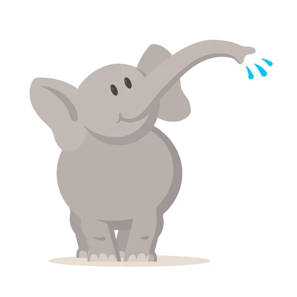 Lächelnder Elefant, der mit Wasser spielt, Zeichentrickfigur. Flache Vektordarstellung, isoliert auf weißem Hintergrund. — Stockvektor