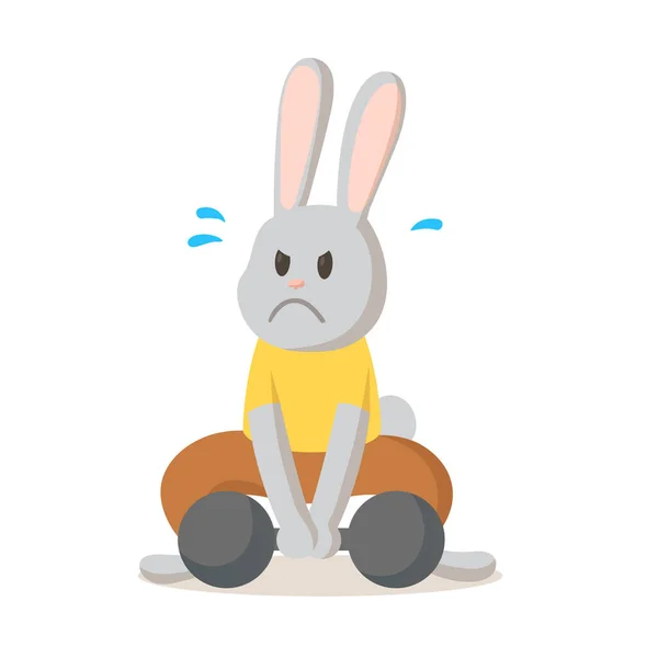 Rolig kanin försöker lyfta upp tunga bumbbell, tecknad karaktär. Platt vektor illustration, isolerad på vit bakgrund. — Stock vektor
