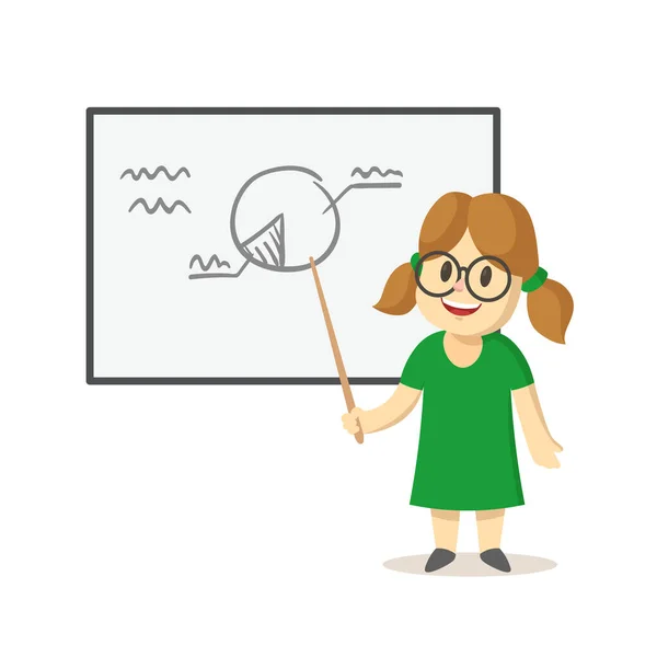 Aranyos mosolygós lány áll a tábla előtt diagrammal. Iskola, tanterem, lecke. Lapos vektor illusztráció, elszigetelt fehér háttér. — Stock Vector