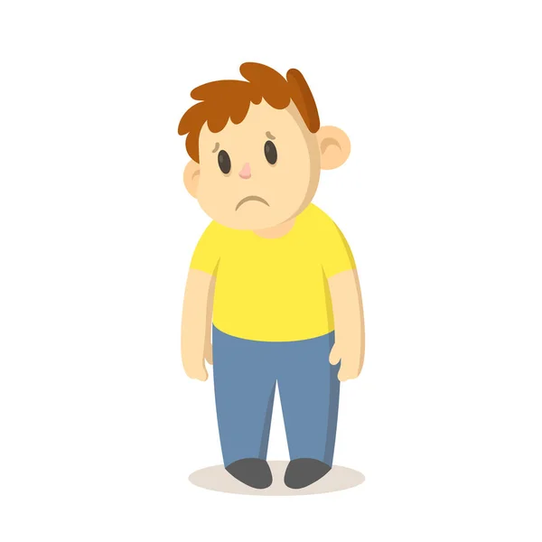Sorglig olycklig pojke stående. Platt vektor illustration, isolerad på vit bakgrund. — Stock vektor