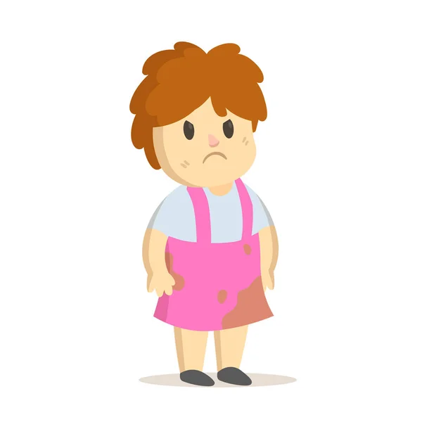 Grinig flicka i smutsig rosa klänning, tecknad karaktär. Ostädat, knubbigt litet barn som leker. Platt vektor illustration, isolerad på vit bakgrund. — Stock vektor