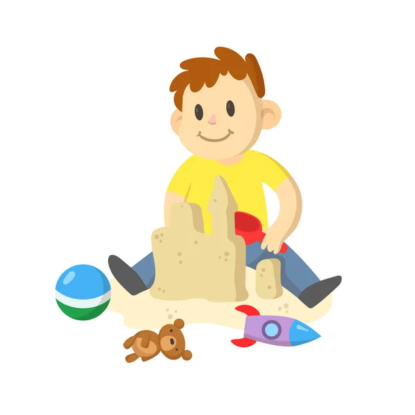Glücklich lächelnder Junge beim Bau einer Sandburg. Aktivitäten im Freien. Flache Vektordarstellung, isoliert auf weißem Hintergrund. — Stockvektor