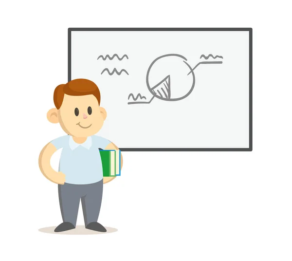 Rapaz sorrindo bonito de pé antes do quadro branco com diagrama sobre ele. Escola, sala de aula, aula. Ilustração vetorial plana, isolada sobre fundo branco . — Vetor de Stock