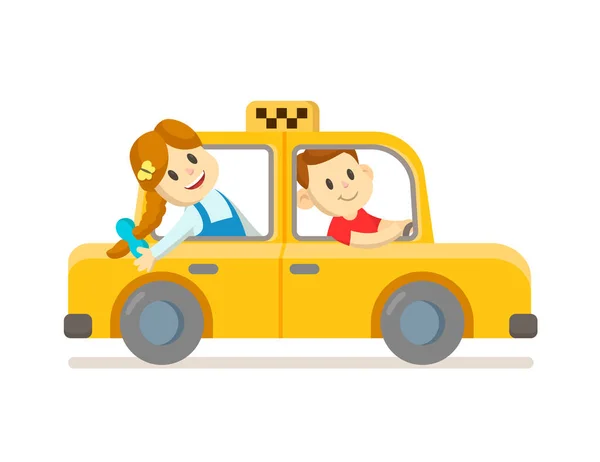 Χαριτωμένο χαμογελαστό αγόρι και κορίτσι ιππασία σε κίτρινο ταξί. Επίπεδη διανυσματική απεικόνιση, απομονωμένη σε λευκό φόντο. — Διανυσματικό Αρχείο