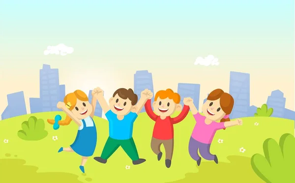 Söta barn hoppar av glädje tillsammans på gräset på stadens bakgrund. Tecknad vektor illustration. — Stock vektor