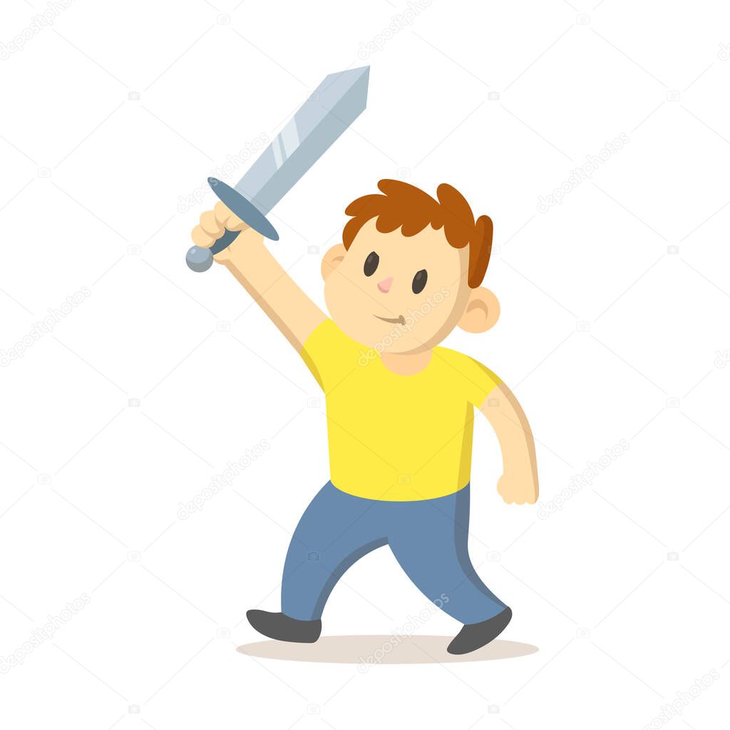 Boy holding sword above his head, caretoon character. Kids playing, childhoood games. Flat vector illustration, isolated on white background.