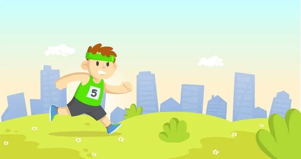 Lachende jongen op de vlucht in het stadspark. Sport en fitness. Kleurrijke cartoon platte vector illustratie. — Stockvector
