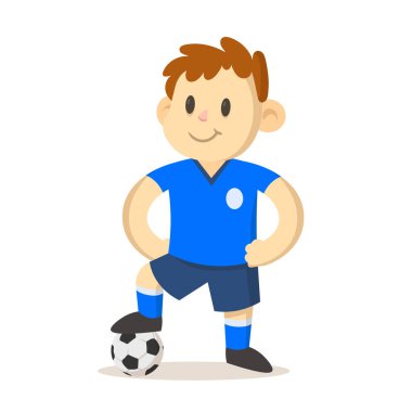 Ayakları futbolda gülümseyen genç futbolcu. Çizgi film karakteri. Spor ve spor. Çizgi film vektörü düz çizim. Beyaz arkaplanda izole.