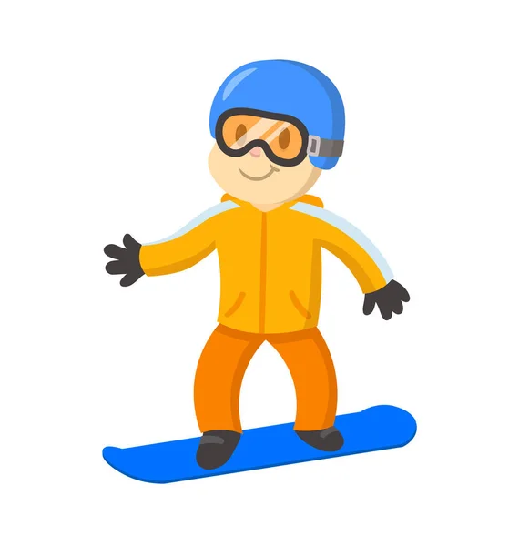 Śmieszne słodkie snowboardzista chłopiec postać z kreskówek. Sporty zimowe. Ilustracja wektora płaskiego, izolowany na białym tle. — Wektor stockowy