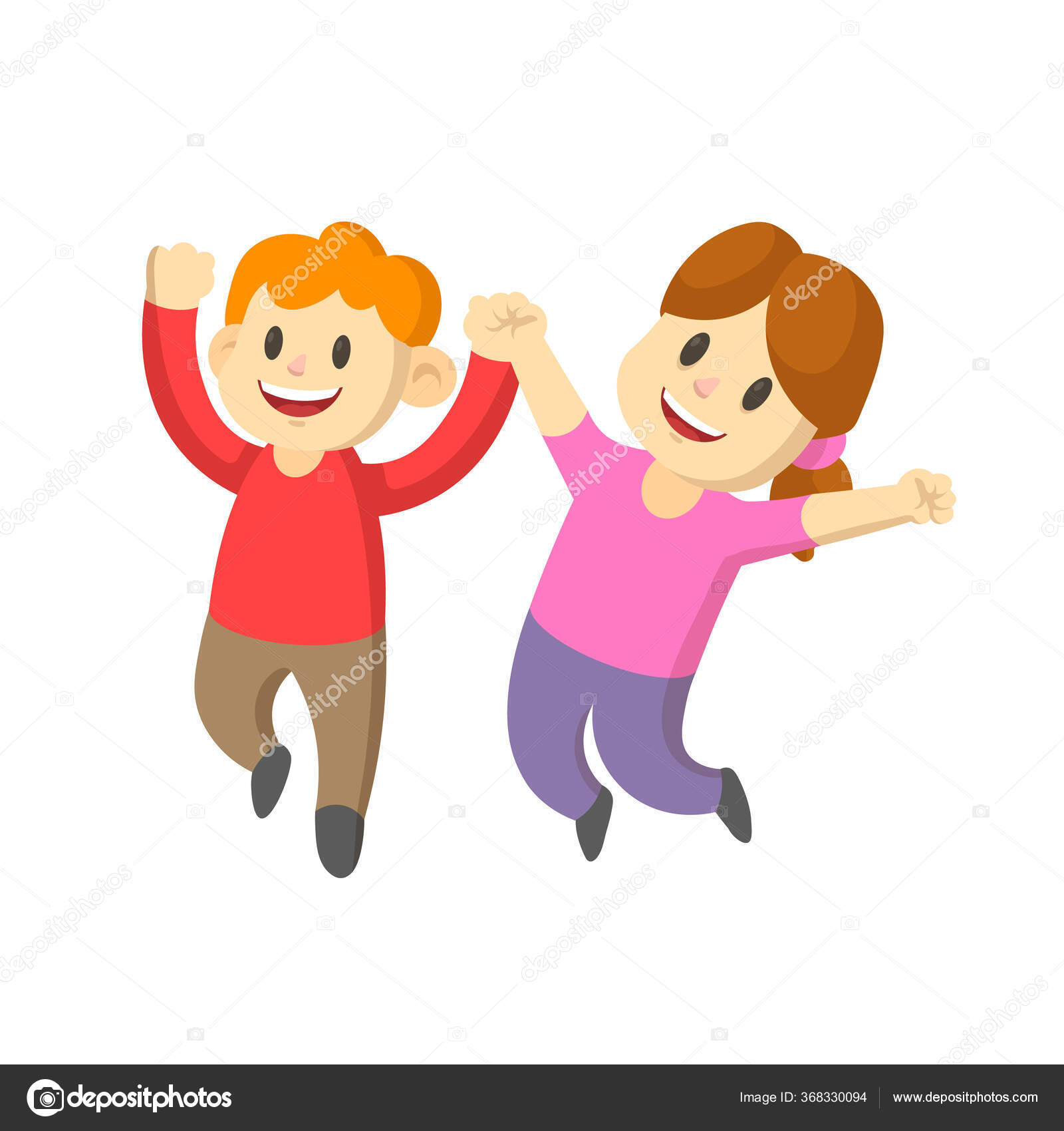 Happy cartoon young boy and girl kids jumping for joy with their hands in the air. Flat vector illustration, isolated on white background. Stock Vector Image by © #368330094 Happy cartoon young boy and girl kids jumping for joy with their hands in the air. Flat vector illustration, isolated on white background. Stock Vector Image by © #368330094