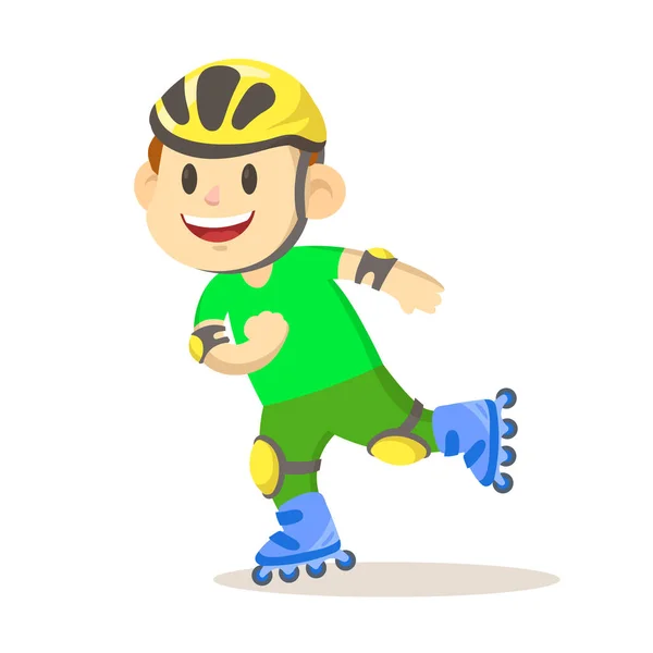 滑稽的微笑男孩骑在溜冰鞋上.头盔里的孩子和滚筒上的保护装置平面矢量图解，在白色背景上孤立. — 图库矢量图片