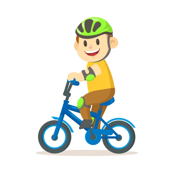 Lächelnder Junge mit Helm auf dem Fahrrad. Sport und Fitness. Cartoon-Vektor flache Illustration. Isoliert auf weißem Hintergrund. — Stockvektor