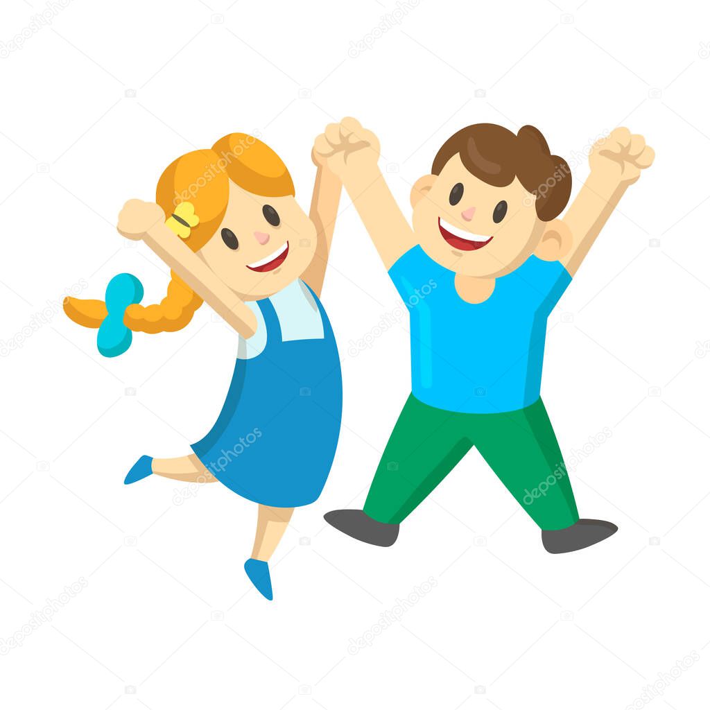 Happy Young Boy And Girl Cartoon Characters Jumping For Joy With Their Hands In The Air Colorful Flat Vector Illustration Isolated On White Background Larastock Happy Young Boy And Girl Cartoon Characters Jumping For Joy With Their Hands In The Air Colorful Flat Vector Illustration Isolated On White Background Larastock