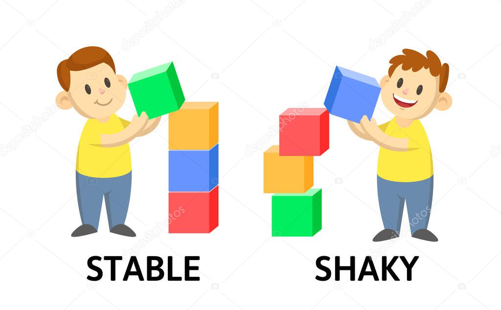 Words STABLE and SHAKY textcard with text cartoon characters. Opposite adjectives explanation card. Flat vector illustration, isolated on white background.