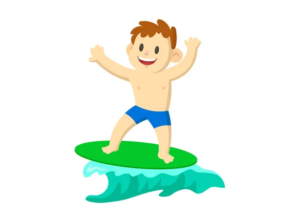 Feliz joven surfista en la ola de cresta. Ilustración vectorial plana, aislada sobre fondo blanco . — Vector de stock