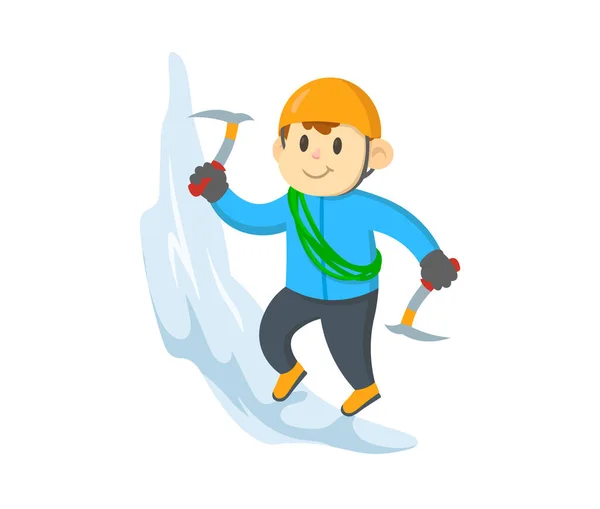 Альпинист карабкается по ледяной скале, персонаж мультфильма. Плоский векторный рисунок, изолированный на белом фоне . — стоковый вектор