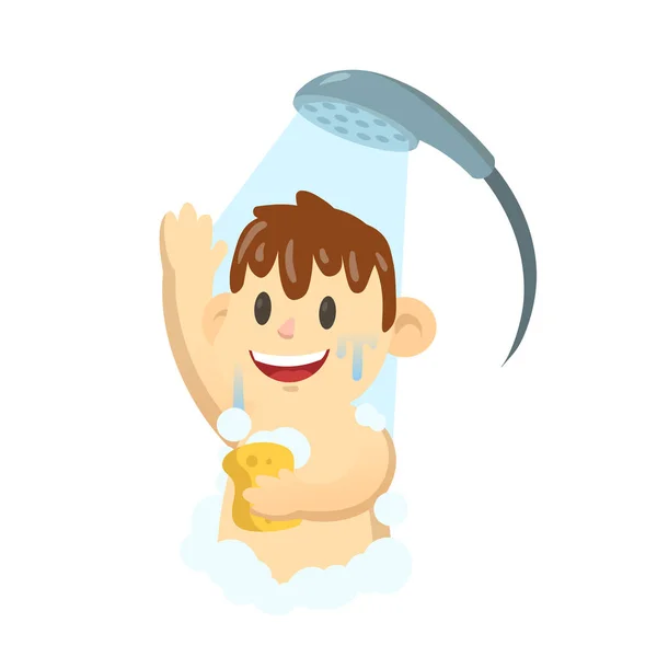 Glad leende pojke takdusch i badrummet. Platt vektor illustration, isolerad på vit bakgrund. — Stock vektor