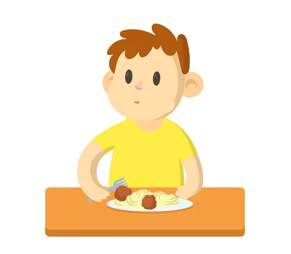 Chico gracioso almorzando, personaje de dibujos animados. Ilustración vectorial plana, aislada sobre fondo blanco . — Vector de stock