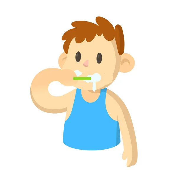Chico cepillándose los dientes por la mañana, personaje de dibujos animados. Ilustración vectorial plana, aislada sobre fondo blanco . — Vector de stock