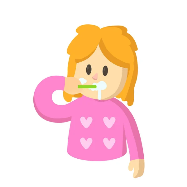 Blondes Mädchen im Schlafanzug beim Zähneputzen. Zeichentrickfigur Mädchen mit einer Zahnbürste in der Hand. Flache Vektordarstellung, isoliert auf weißem Hintergrund. — Stockvektor