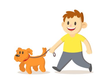 Köpekle yürüyen sevimli gülümseyen çocuk. Düz vektör çizimi, beyaz arkaplanda izole.