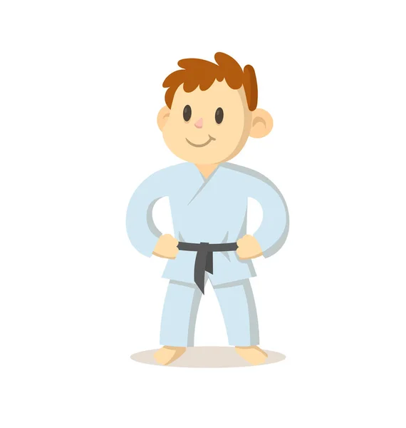 Miúdo de kimono de karaté, personagem de desenho animado de pé. Desporto e fitness. Desenhos animados ilustração vetorial plana. Isolado sobre fundo branco . — Vetor de Stock