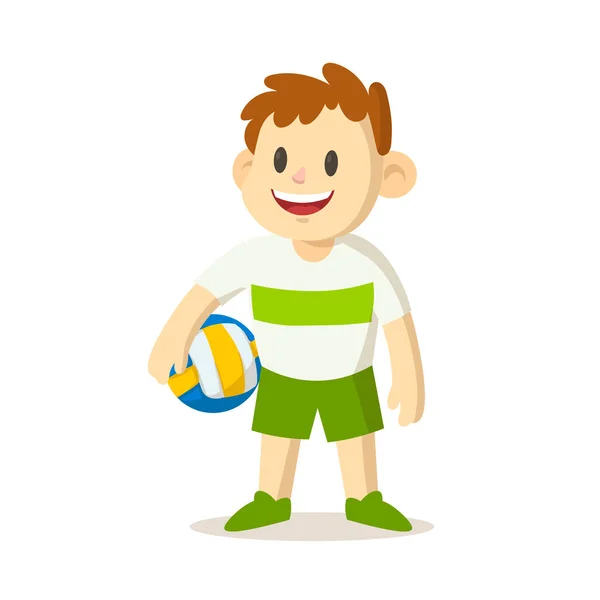 Щасливий усміхнений хлопчик тримає волейбол. Мультиплікаційний персонаж. Спорт і фітнес. Мультфільм вектор плоска ілюстрація. Ізольовані на білому тлі . — стоковий вектор