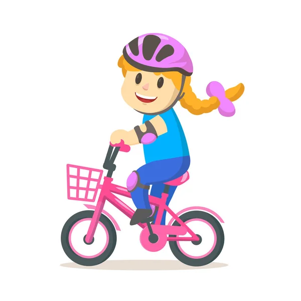 Lächelndes Mädchen mit Helm auf dem Fahrrad. Sport und Fitness. Cartoon-Vektor flache Illustration. Isoliert auf weißem Hintergrund. — Stockvektor