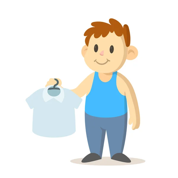 Chico sonriente sosteniendo una percha con una camisa. Ilustración vectorial plana, aislada sobre fondo blanco . — Vector de stock