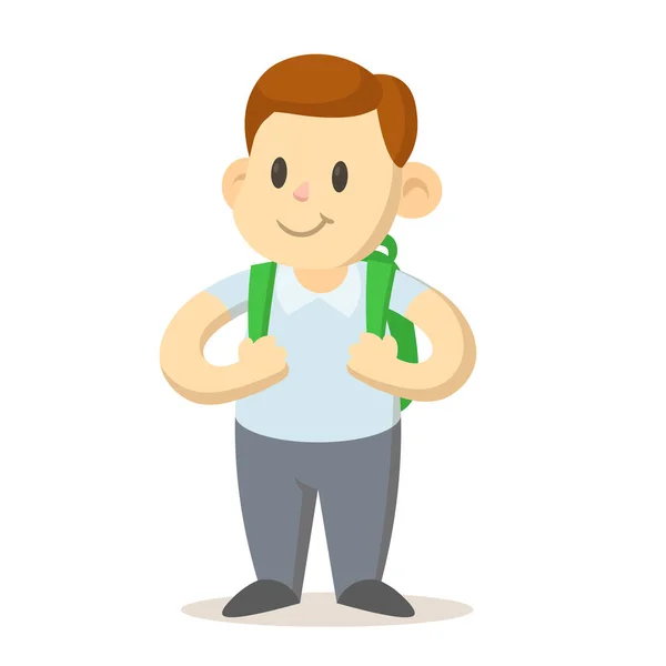 Estudante sorridente com mochila verde, personagem de desenho animado. Ilustração vetorial plana, isolada sobre fundo branco . — Vetor de Stock