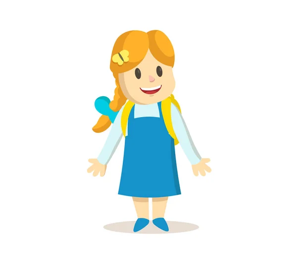 Söt leende liten flicka i blå klänning, tecknad karaktär. Platt vektor illustration, isolerad på vit bakgrund. — Stock vektor
