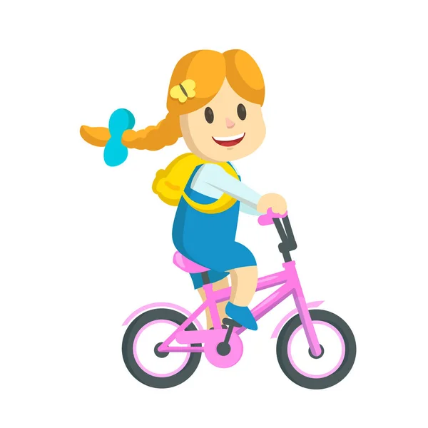 Niña feliz con mochila montando bicicleta rosa. Ilustración vectorial plana, aislada sobre fondo blanco . — Vector de stock