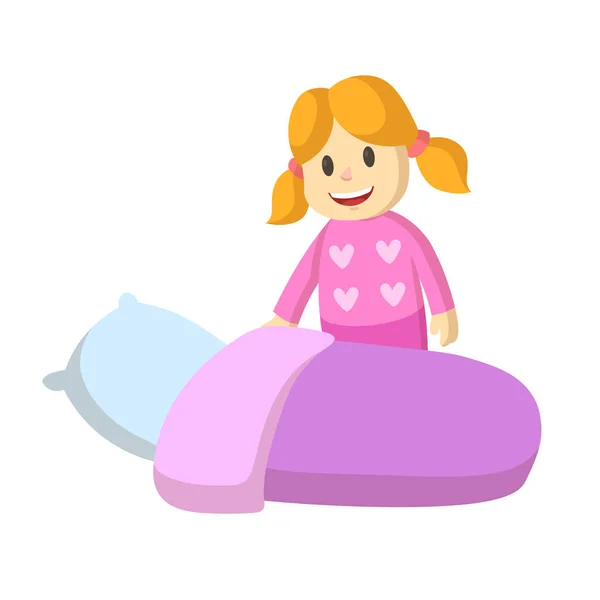 Nettes lächelndes kleines Mädchen, das zu Bett geht, um einzuschlafen. Flache Vektordarstellung, isoliert auf weißem Hintergrund. — Stockvektor