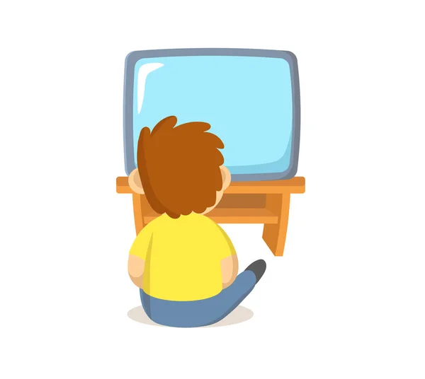 Garçon assis devant la télé. Illustration vectorielle plate, isolée sur fond blanc . — Image vectorielle