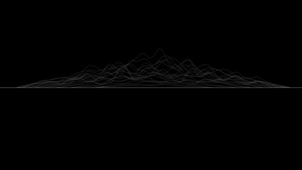 Siyah arka planda beyaz çizgiler biçimsiz bir yüzey oluşturuyor. Soyut CG animasyon döngüsü, yan görünüm. 3d oluşturma. — Stok video