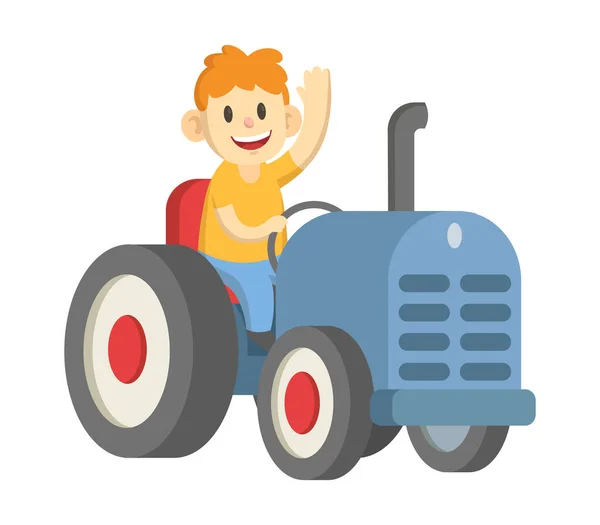 Lächelnder Bauer mit großem Traktor und winkendem Hallo. Flache Vektordarstellung, isoliert auf weißem Hintergrund. — Stockvektor