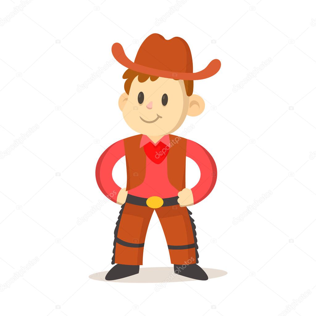 Cartoon cowboy kid wearing vest and hat. Flat vector illustration, isolated on white background.