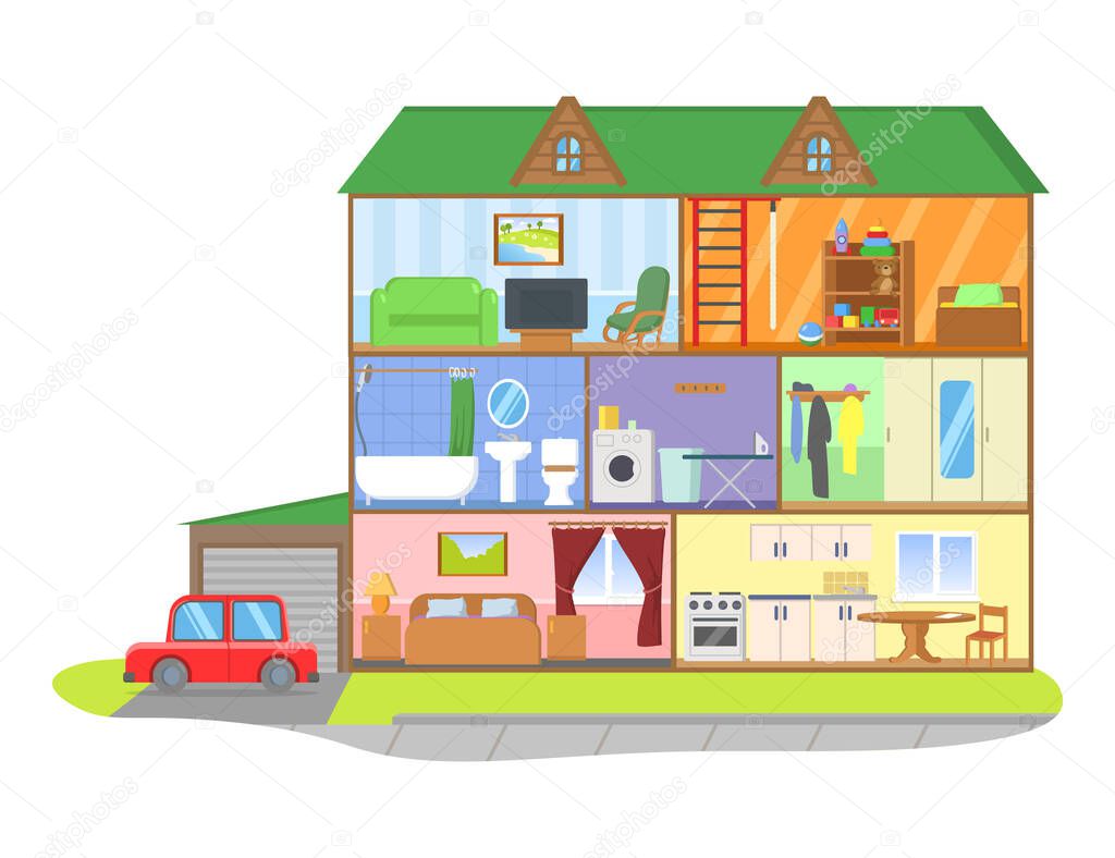 Three-storie house model cross section. Rooms with furniture, detailed interior. Flat vector illustration, isolated on white background.