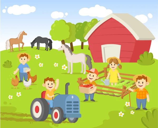 La vita in una fattoria con campi, alberi, trattori, capannoni e animali. Illustrazione vettoriale piatta, isolata su sfondo bianco . — Vettoriale Stock