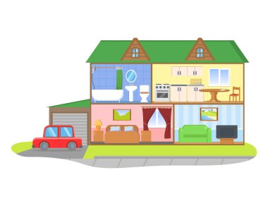 İki katlı ev modeli kesiti. Mobilyalı odalar, detaylı iç mekan. Düz vektör çizimi, beyaz arkaplanda izole.