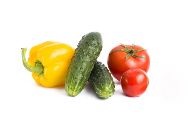 Cucumber Tomato Pepper White Background Vegetables White Background Fresh Multicolored — Stock Photo, Image