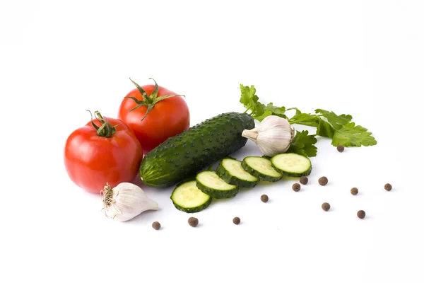 Cucumber Tomatoes White Background Vegetables White Background Fresh Multicolored Vegetables — Stock Photo, Image