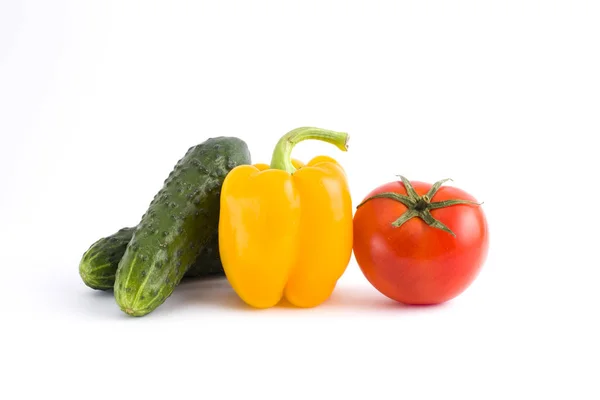 Cucumber Tomatoes White Background Vegetables White Background Fresh Multicolored Vegetables — Stock Photo, Image