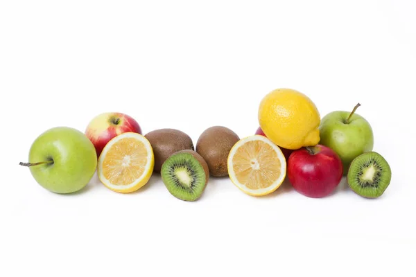 Frutta Una Composizione Sfondo Bianco Limone Con Mele Kiwi Sfondo — Foto Stock