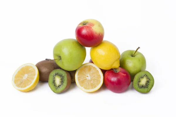 Frutta Una Composizione Sfondo Bianco Limone Con Mele Kiwi Sfondo — Foto Stock